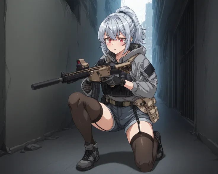 and a fleshy, glamorous figure。 with short silver hair tied in a ponytail with a navy hair band 、 red eyes。The expression of pleasure 。equipped with black tactical armor over a gray hooded jacket、gray denim shorts over thigh-length stockings with a black g...