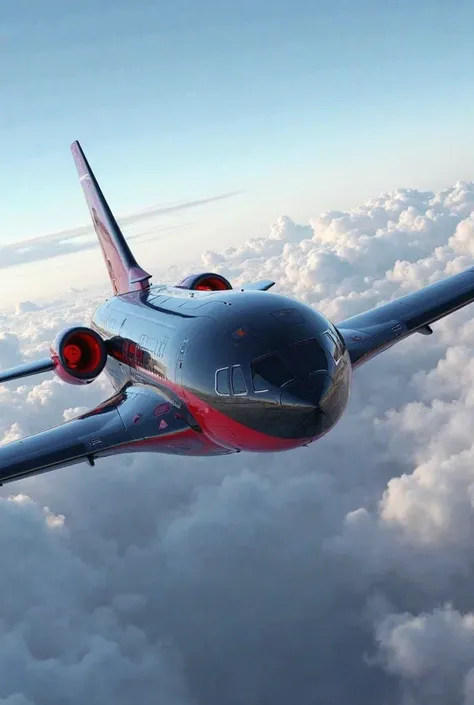 passenger airliner with black and red color scheme