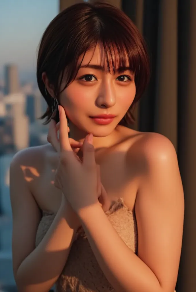 （Medium Short Hair、flippedhair:1.4）.(  popup、 disheveled hair、     lower body nudes           、            masterpiece,  Laughter、          night view of the big city seen from the window    、      Big   chest Cross   、              oily skin、The sunset il...