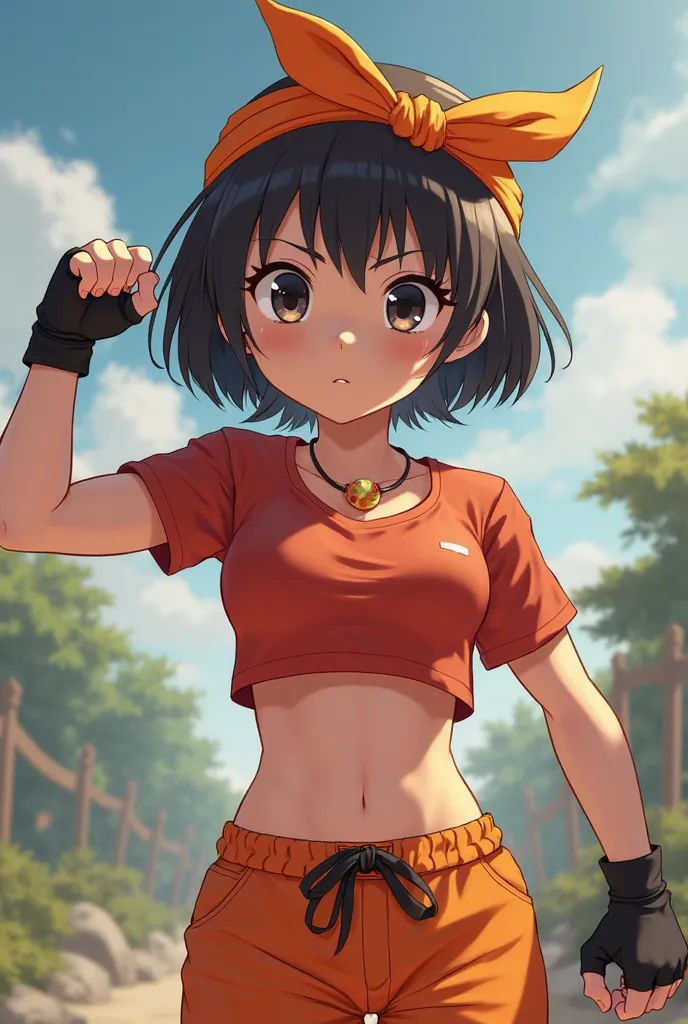 masterpiece, The best quality, highest qualityr, photorealistic, perfect anatomy, Perfect face, perfect eyes, orange bandana, pandballgt, 1girl, black eyes, black hair, short hair, orange bikini, small breasts, pants, fingerless gloves, red shirt, Crop top...