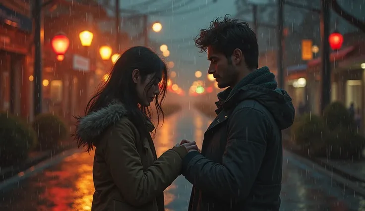 A melancholic scene of a couple separating in a street illuminated by lanterns on a rainy night. He sadly holds his hand, as she looks down with tears in her eyes. The environment conveys nostalgia and resignation, with warm and cold tones contrasting, ref...