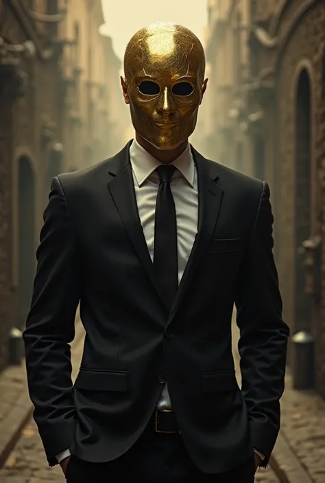 A man in a black suit and a gold mask