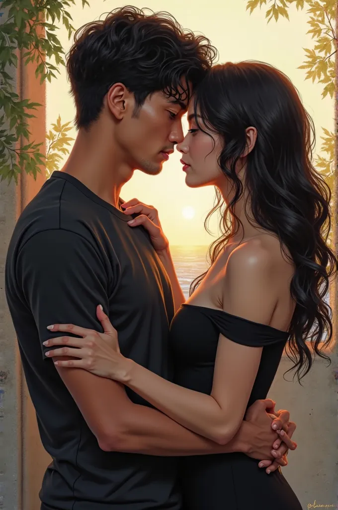 ((Highest quality)), (( masterpiece)), ( exhaustive), perfect face,【title :   one man and one woman .man has black short wavy hair, white skin, wearing a black t-shirt .woman has black and frizzy hair,brown-haired woman in a black dress. they are looking a...