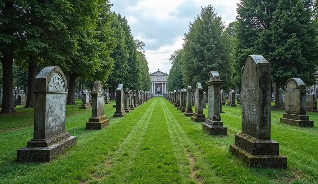  "A large and quiet cemetery, with several old headstones and tombs lined up in an orderly manner. The headstones vary in size and shape, some with faded inscriptions and others covered by moss. The environment is quiet and serene,  with tall trees surroun...