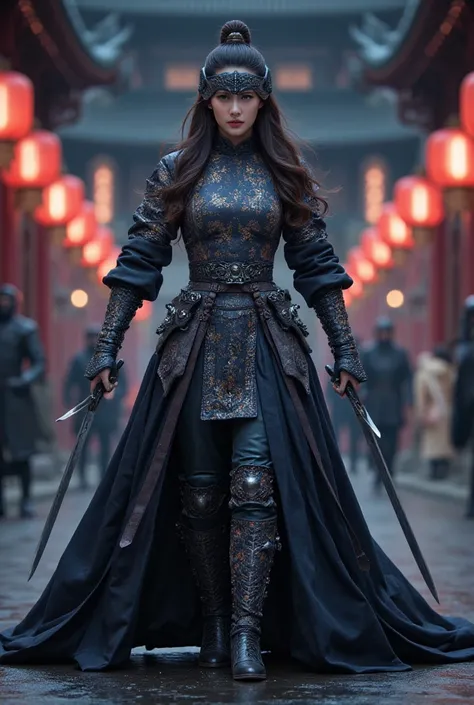 A battle scene in which a female ninja lands、Place one hand on the floor and hold the wuxia long sword horizontally in front of your face.、Intricate chain mail that fits the body perfectly、Black metalic mask with only the eyes visible、Serious Eyes、Low figh...