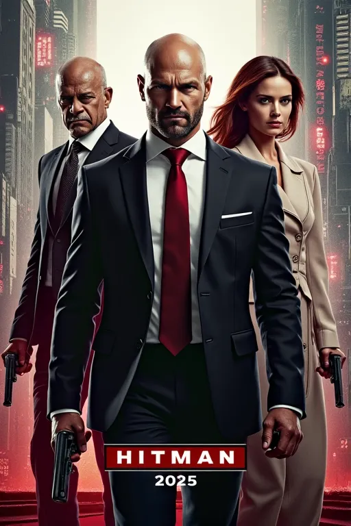 The movie title: HITMAN 2025 is written at the bottom of the poster.Characters:The central character: Jason Statham in a black suit, white shirt and red tie. He holds a pistol in both hands, showing a dangerous attitude.Two supporting characters:An older m...