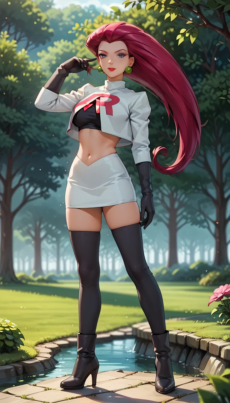 score_9, score_8_arriba, score_7_arriba, 1 girl, Alone , beautiful waifu , mature woman , Milf , ( jessie team rocket, Red hair brushed backwards ,  Detalles coloridos :1.2), detailed eyes,  navel,.titted detailed face, flirt, cosplay_Team Rocket,  uniform...