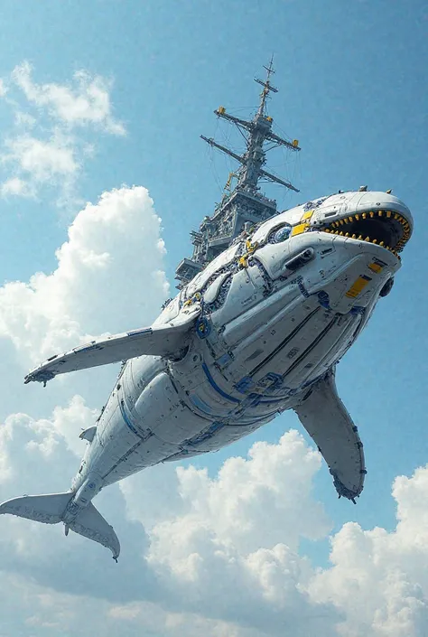 A massive cybernetic whale with intricate mechanical details, flying through the sky. Its body is a fusion of organic and mechanical components, featuring sleek metallic plating, glowing circuits, and futuristic armor in shades of white, blue, and yellow. ...