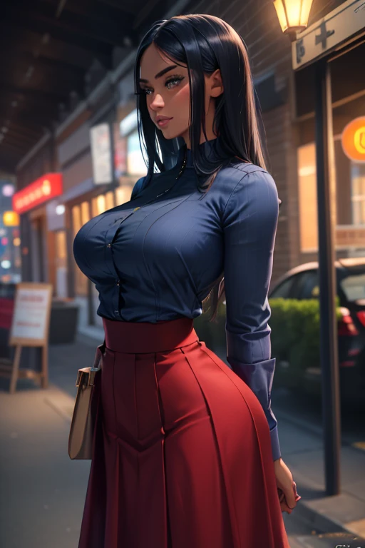 skirt, cloth bulge, 1girl, futanari, dark_skin, darkblue_hair, brightred_eyes, large_breasts, dress_shirt,, beautiful, (masterpiece:1.2), (best quality:1.2), perfect eyes, perfect face,