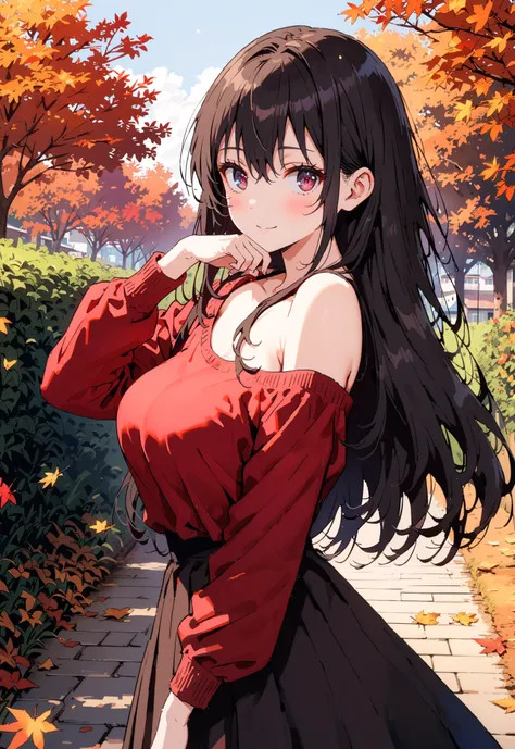  score_9,  score_8_up,  score_7_up,  source_anime, Uta ha Kasumigaoka,   black hair,  headband,  long hair, red eyes, Big Breasts,smile,blush,close your mouth,One-shoulder sweater,long skirt with low skin exposure, Bbo~,autumn leaves,autumn,Trail,Walking,n...