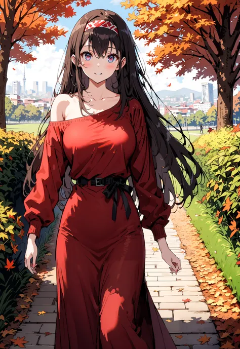  score_9,  score_8_up,  score_7_up,  source_anime, Uta ha Kasumigaoka,   black hair,  headband,  long hair, red eyes, Big Breasts,smile,blush,close your mouth,One-shoulder sweater,long skirt with low skin exposure, Bbo~,autumn leaves,autumn,Trail,Walking,n...