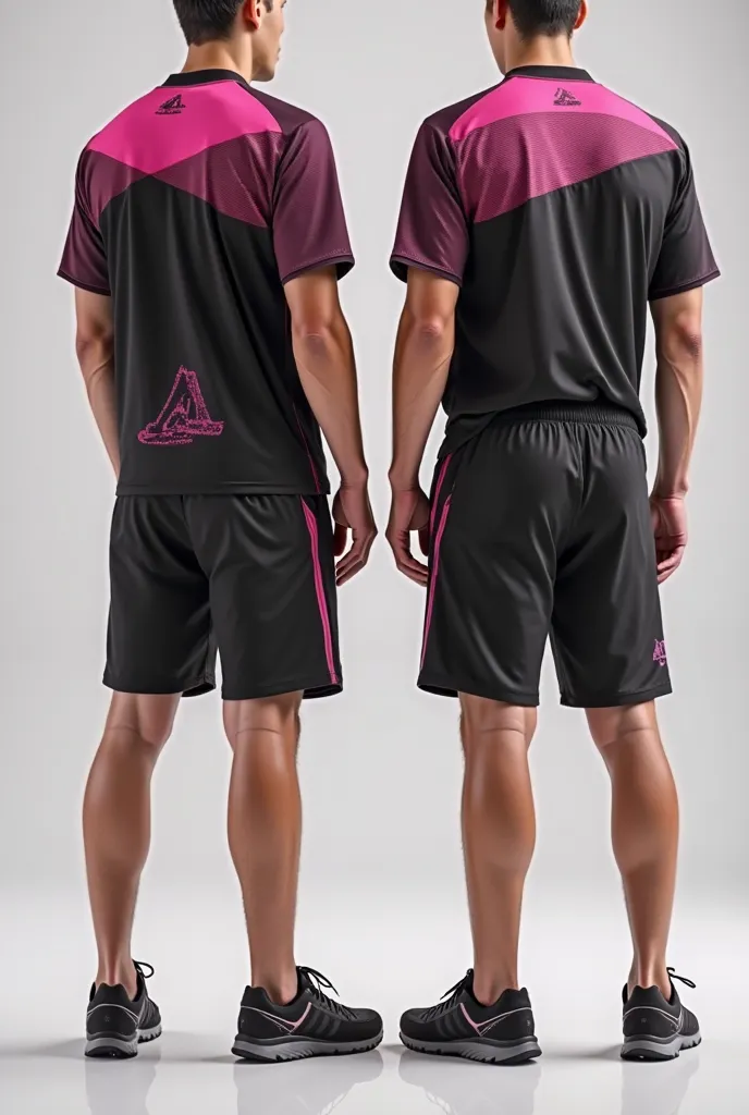  men's shorts in sports uniforms for a team of students from the Faculty of Accounting Sciences, showing front and back, but in a model with an accounting symbol on the shorts with a Greek-style design in black and pink