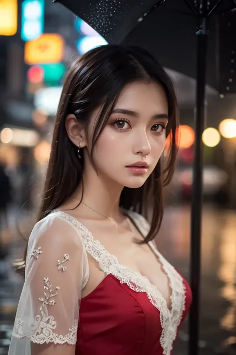 (( top quality , 8k,  lace maxi dress standing in the rain, In the Rain, Red Light District,   Highly Detailed Face and Skin Textures  ,   detail eyes,  double eyelid .)