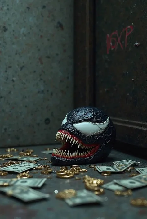 A venom face mask on the ground next to a bag of cash and jewelry on the ground with the words stick up on the backwall