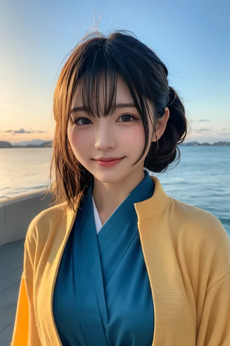 best quality, 8k, masterpiece :1.3)), 1 girl, random hairstyles,  photos, facial focus, costume, super detailed face, detailed eyes,  double eyelids,  idol, cute, full body, Winter clothes, smile, sea, sea岸, golden kimono, gorgeous