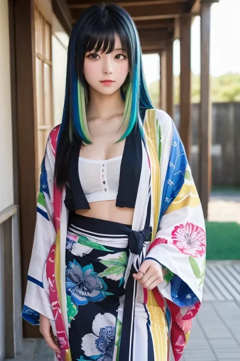 (Masterpiece,  top quality,  high definition:1.4),  wallpaper,  full body,  One Girl ,  long hair, ( Blue Hair:1.0), ( black hair:1.0),  green eyes,  multi colored hair ,  gradation hair ,  small chest ,  Side-Facing , yukata ,  holding party popper,   kni...