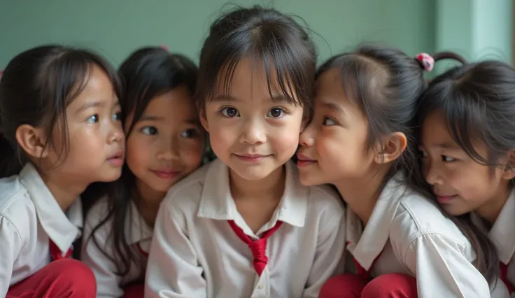 4 girls are whispering, with a look full of wonder and his cheek wrinkled, wearing an elementary school uniform dress white shirt and red pants. Black shoes and white socks. 4K, 8k, HD, realistic, professional photograph,  Indonesian face .