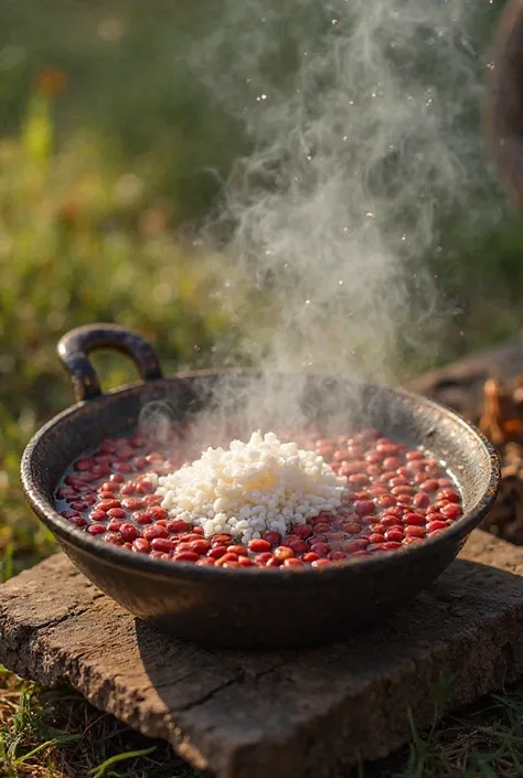 Elegant​ Exquisite​ ​ Thai​ Royal​ cooking​ ​, 
Enormus​ Open​ fire​ red​ bean​ boiling,
Huge​ pan​ of​ ​burnt​ white​ sasame with​ smoke, outdoor​ New​ York​ City​ grass​ field, 
Realistic​ ​intricate​ details​  image
