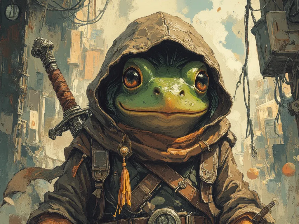 frog dressed in thief's clothing, with a brown scarf around neck, holstered sword, In fantasy art style, masterpiece,  best quality , Super Detail, an epic, 4K, cinematic light, ultra-detailed,  8k resolution ,(high quality, 8k, 4K, high contrast, masterpi...