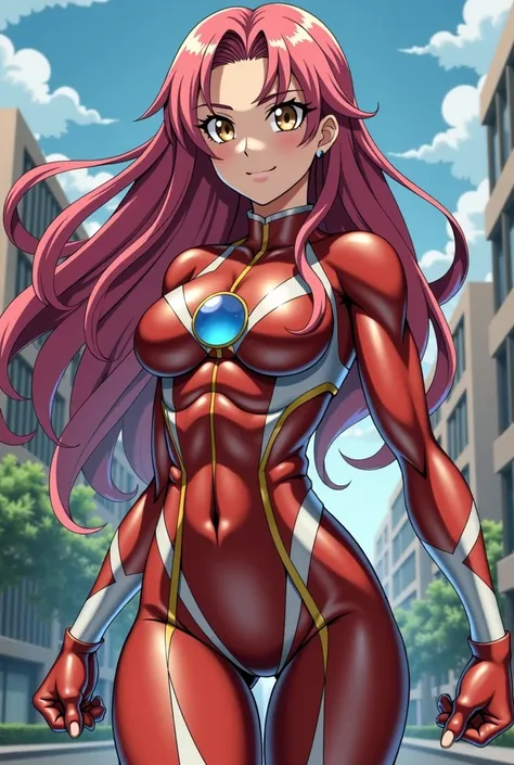 My Hero Academia Style , Anime girl, female, young female,muscular female,Full Body Shot,(fighting Pose:2),Long hair, Red Hair,  Brown Eyes,Hero Suit, Full Body Suit, red suit with white details,small round blue jewel in the center of the chest, perfect an...