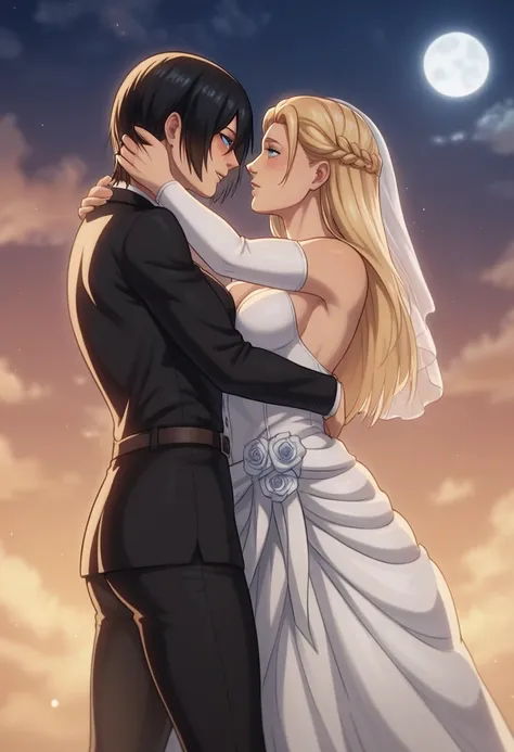 score_9, score_8_up, score_7_up, BREAK source_anime, historia reiss, blue eyes, blonde hair, long hair, medium breasts,Historia  beautiful wedding dress white,female black hair soldier with historia,Mikasa with historia are married ,mikasa wreanig black tu...