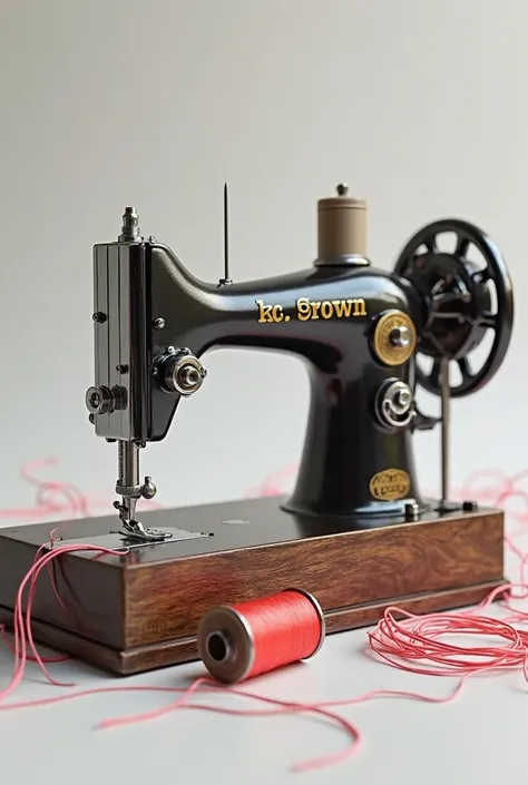 Generate me an image of a sewing machine with needle and thread beside it on it write KC Brown fashion