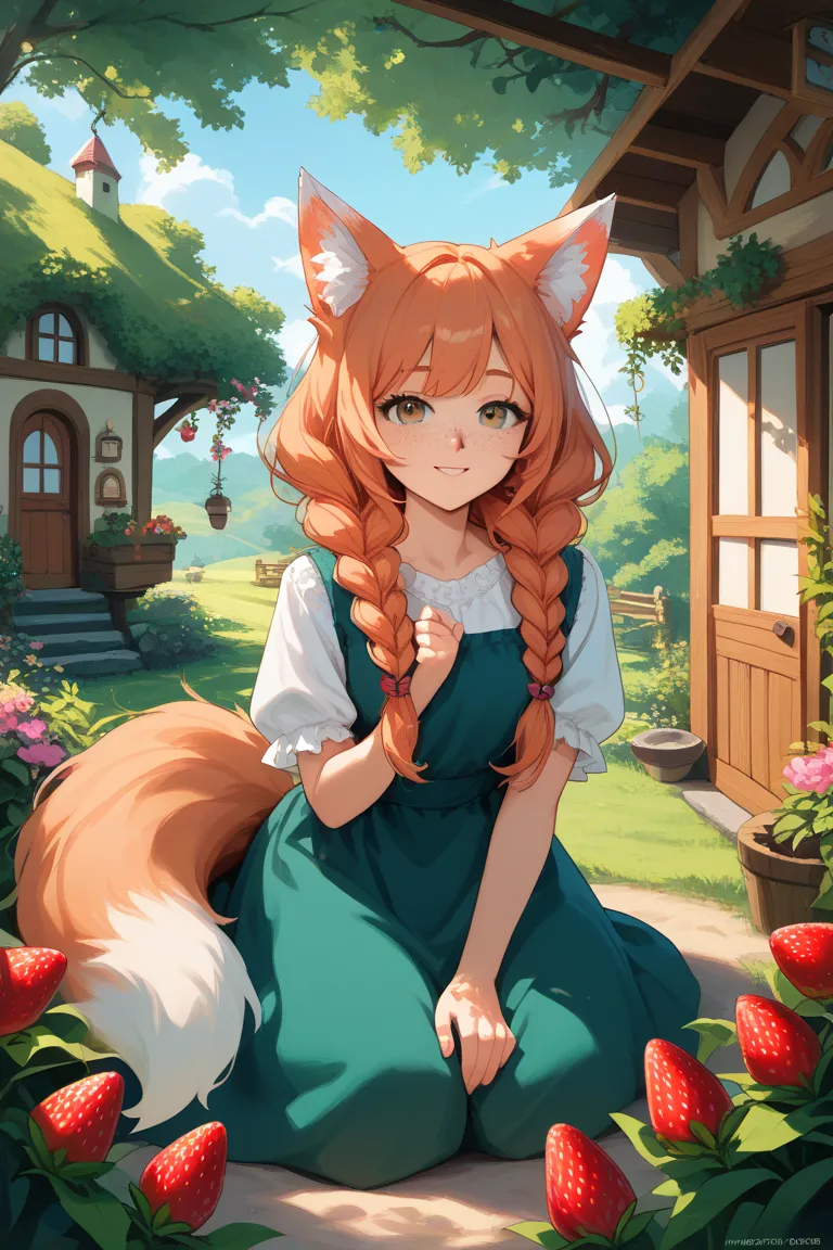 Anime fox girl, strawberry blond hair, braided long pigtails, cottage core aesthetic, freckles, cute cottage core outfits, green eyes, fluffy fox tail 