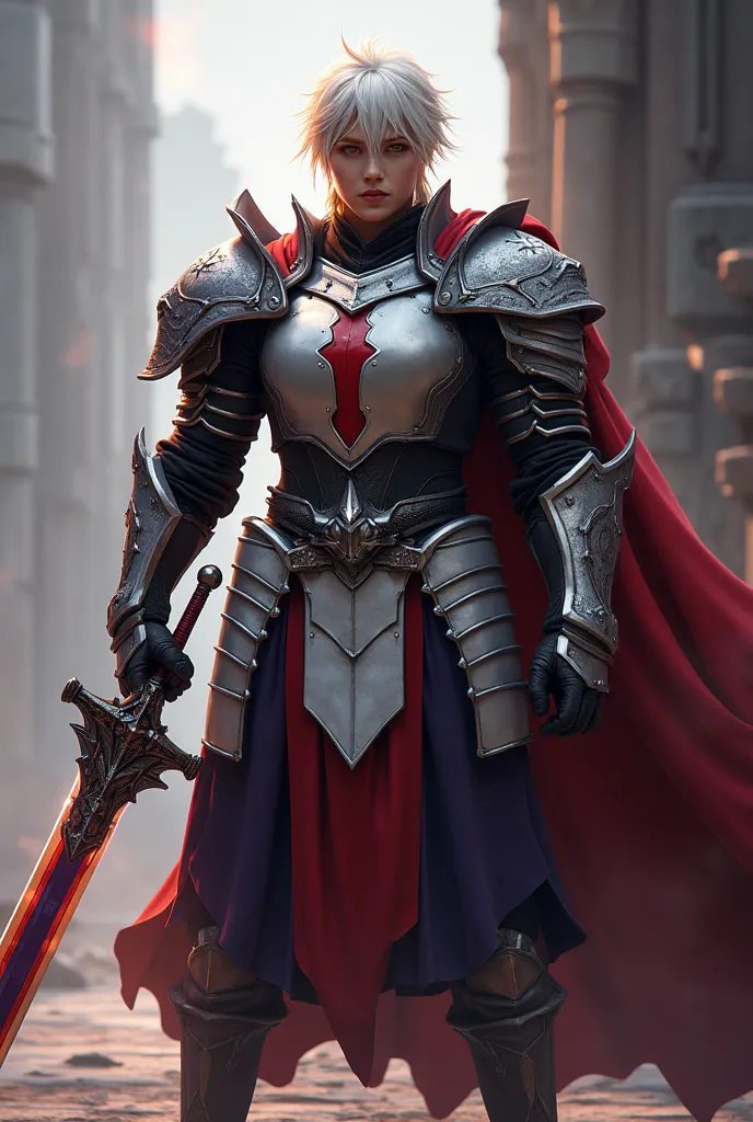 red-haired warrior man with golden eyes , wearing light silver armor with red and black details