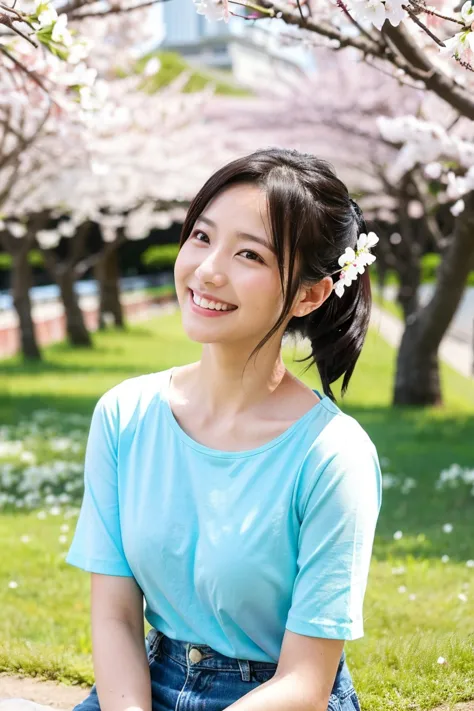 「A 35 year old cute Japanese woman。has dark hair up to her shoulders blowing in the wind、has a bright smile。She has small breasts、She is casually wearing a white t-shirt and light blue denim。At the spring park、She sits under cherry blossoms in full bloom、i...