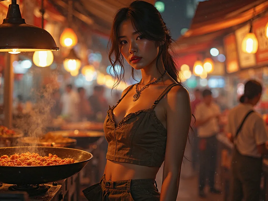 Korean girl, F Cup，fashionable，Cold，  on t ， Hips，apron，night market，Big fry，fire