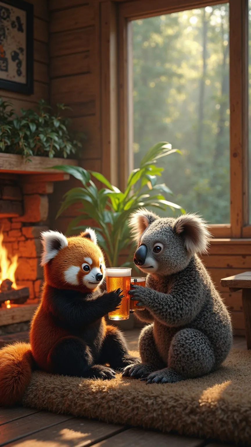 Ultra-realistic image of a small, fluffy red panda and a koala sitting together in a cozy wooden cabin deep in the forest. The red panda is holding a glass of golden beer with a foamy top, while the koala enjoys its own drink. The warm lighting from a rust...