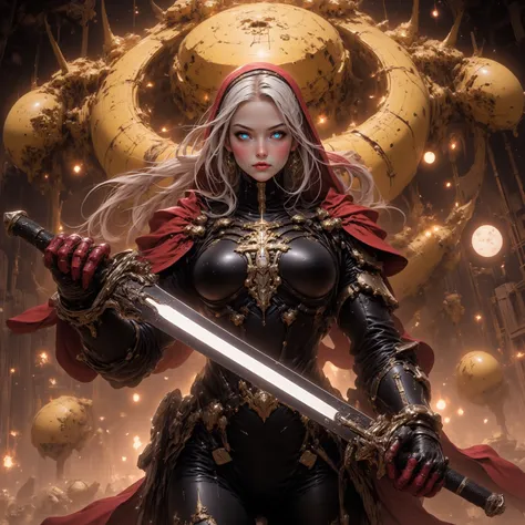 Cybernetic combat Nun with Shoulder length Blonde hair, tanned skin, glowing Blue Irises with black pupils and white Scalera, wielding a High tech Long Sword, Wearing a Red and Black Nun's Habit on her head, wearing a Black and Metallic Red High-Tech power...