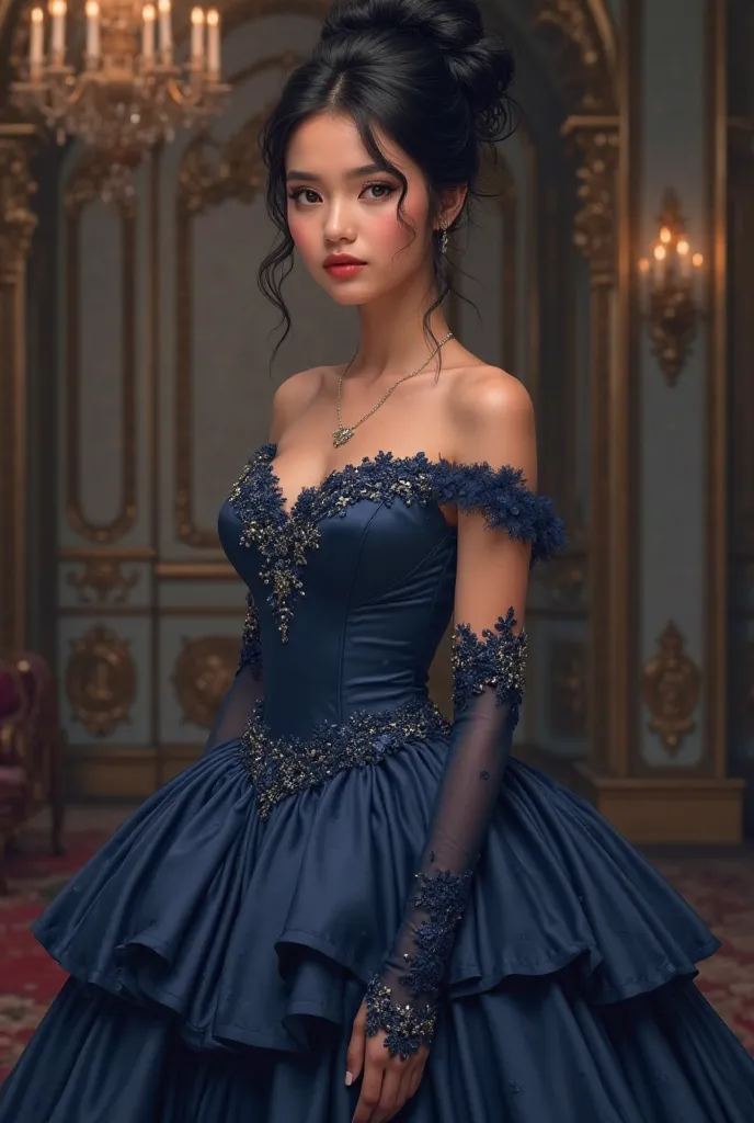 Digital art of A young woman, noble prom background, wearing a midnight blue ball gown, with layers of satin. Small silver details embroidered the bodice, and long lace gloves. Her black hair was tied in a refined hairstyle, with few loose locks