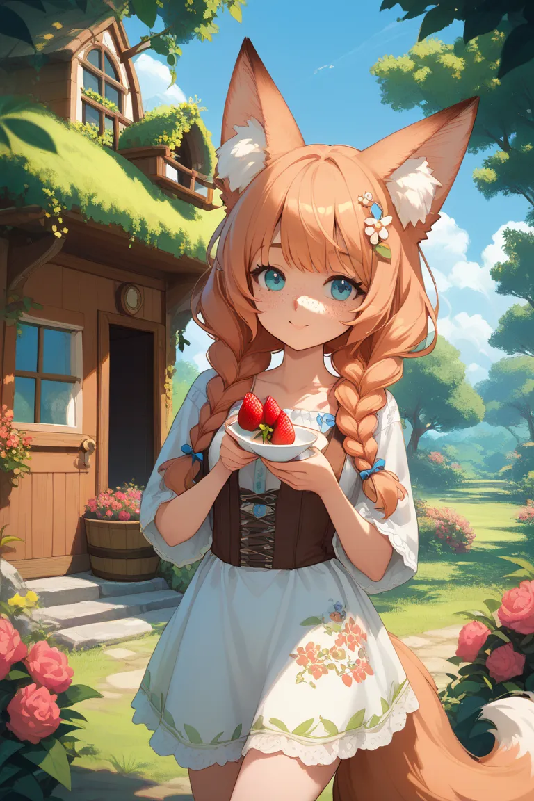 Anime fox girl, strawberry blond hair, braided long pigtails, cottage core aesthetic, freckles, cute cottage core outfits, green eyes, fluffy fox tail