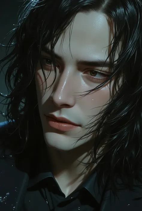 (best quality,4k,highres:1.2),ultra-detailed,(realistic:1.37) Close up of a very beautiful man's face, wind blowing through his long lustrous hair, he is crying. Medium: Portraits Additional details: Raindrops falling gently on his face, sadness in his exp...
