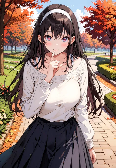  score_9,  score_8_up,  score_7_up,  source_anime, Uta ha Kasumigaoka,   black hair,  white headband ,  long hair, red eyes, Big Breasts,smile,blush,close your mouth,white one-shoulder sweater,Black long skirt, Bbo~,autumn leaves,autumn,Trail,Walking,noon,...