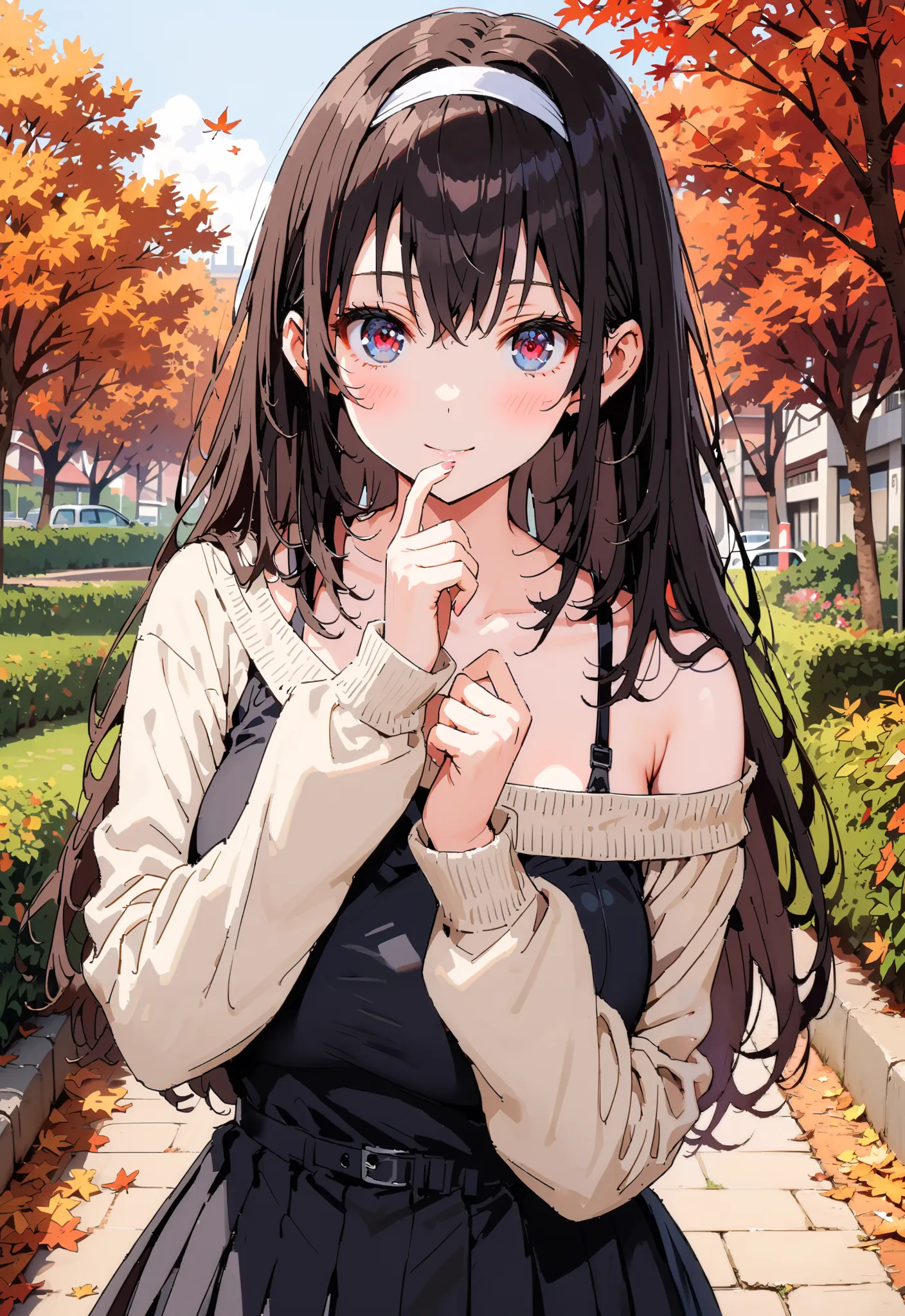  score_9,  score_8_up,  score_7_up,  source_anime, Uta ha Kasumigaoka,   black hair,  white headband ,  long hair, red eyes, Big Breasts,smile,blush,close your mouth,white one-shoulder sweater,Black long skirt, Bbo~,autumn leaves,autumn,Trail,Walking,noon,...