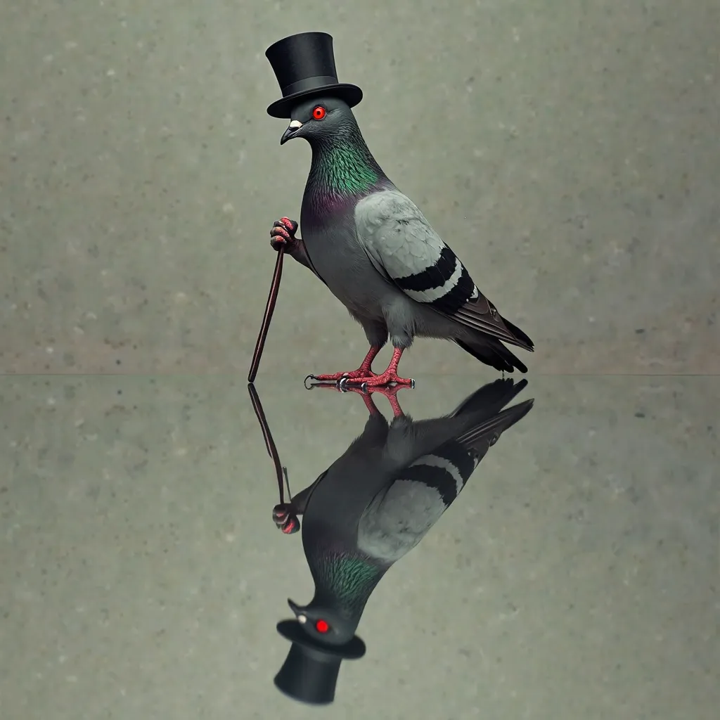 first the will be a pigeon that has a reflection below him. the pigeon will be looking directly at the you. he will have a top hat on and a cane in his other hand. the reflection will mirror him below upside down and the reflection will be dead X eyes 