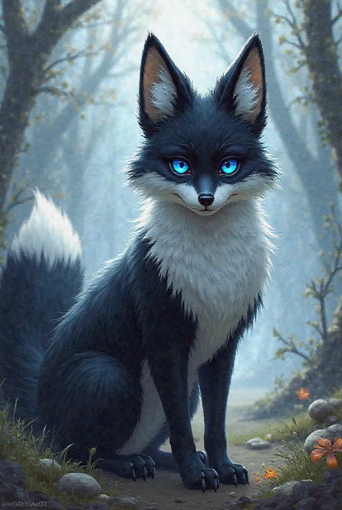 A furry Kemono based on a black and white fox,  with blue eyes, Fur and fluffy glue 