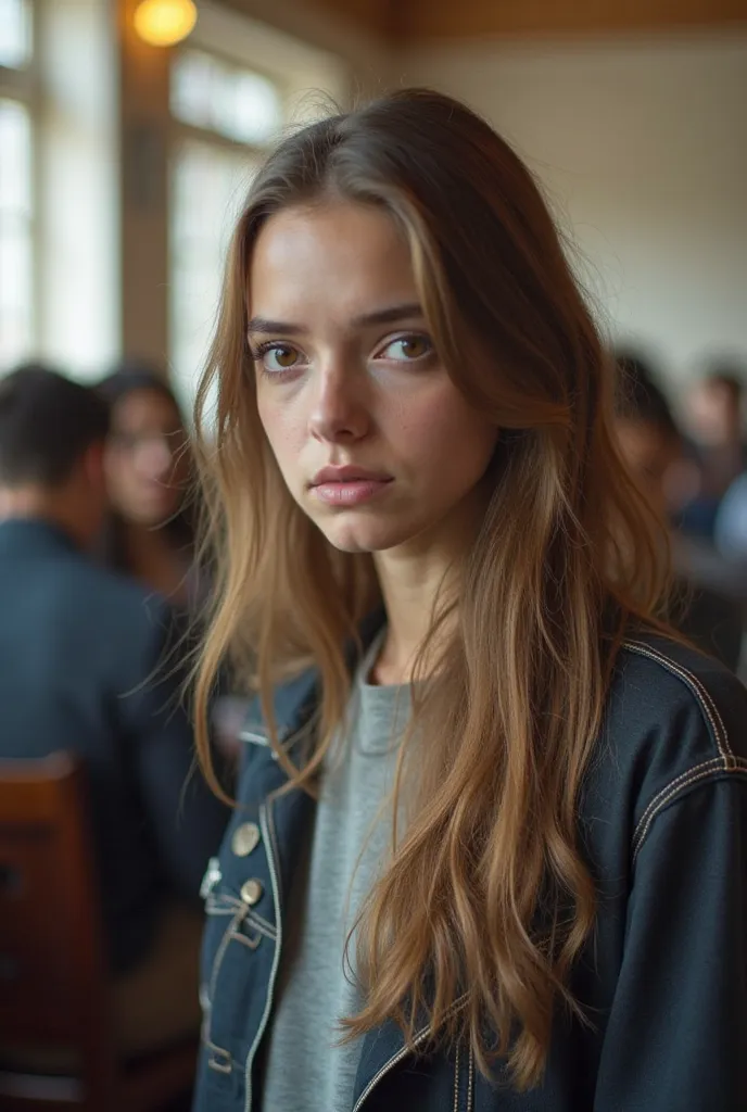 image of a 20-year-old college girl, amber eyes, smooth light brown hair, dressed in expensive casual clothes in a university room with students around, serious and bitter expression,  looking at the side 