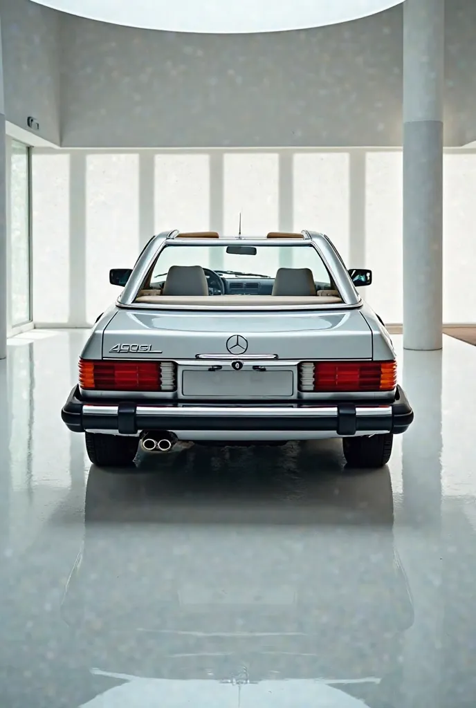 Full back of painted silver 1980 Mercedes-Benz 450SL in sleek in large shape sedan in large size with Mercedes-Benz logo on its large detailed grille in shiny white color with angular sporty design Full back with modified sleek backlights & with a “Mercede...