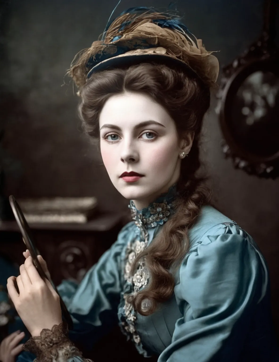 arafed woman in a blue dress holding a mirror, colorized 1904 photo, a beautiful Victorian woman, Victorian female portrait