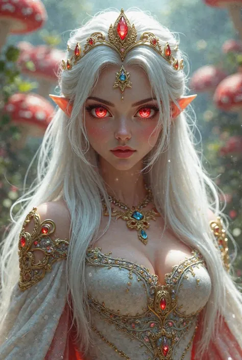 Can you create a white-haired princess in the style of the Super Mario movie, But with red eyes?