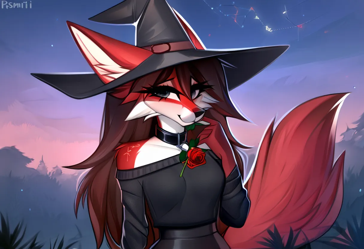 Prsmrti art style, fox, furry, anthro, female, cute, hot, sexy, Best Quality, masterpiece, fluffy fox tail, eyelashes, red fur, soft paw pads, long unkept hair, beautiful hair, pointy ears with white inner ear fluff, ((digitigrade)), detailed eyes, looking...