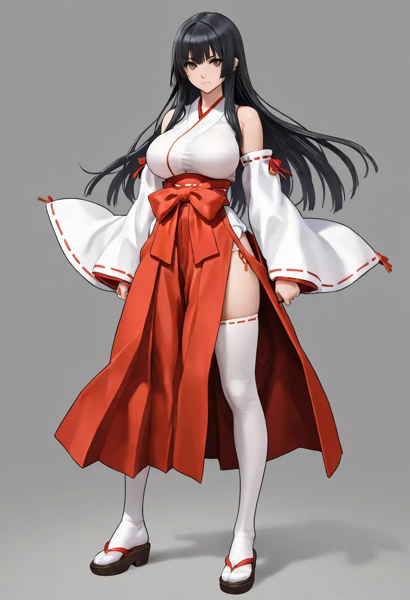 1girl, solo, long hair, large breasts, black hair, thighhighs, detached sleeves, japanese clothes, piercing, hakama skirt, miko, red hakama, adapted uniform