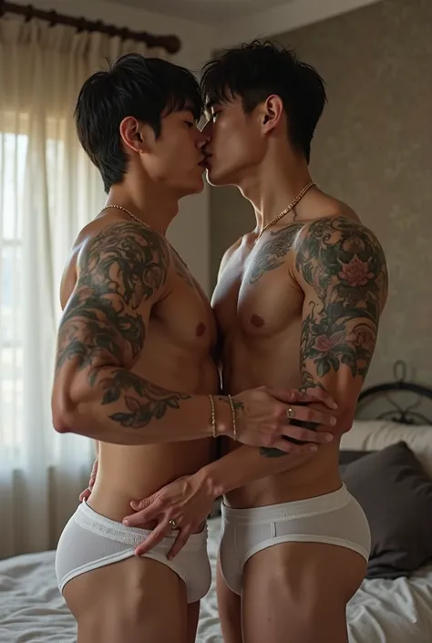  Two Korean Men With Handsome Muscles Full Of Sweat , includes all the symbols of beauty, with tattoos that conceals the body, their skin, their legs. WOW AND It is shiny like pearls and thick dark black hair. They wear very sexy lingerie to highlight thei...