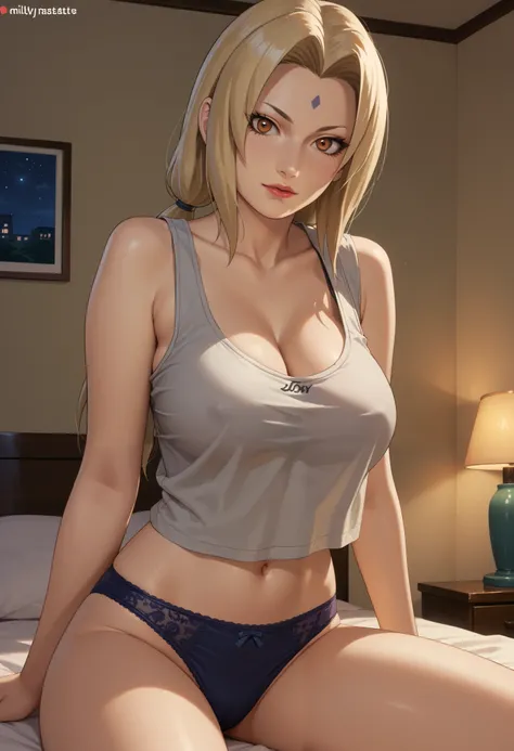 Masterpiece, extremely detailed, 8k quality, Tsunade, Naruto the anime, inn bedroom, large breasts, night time, dimly lit, tank top, panties