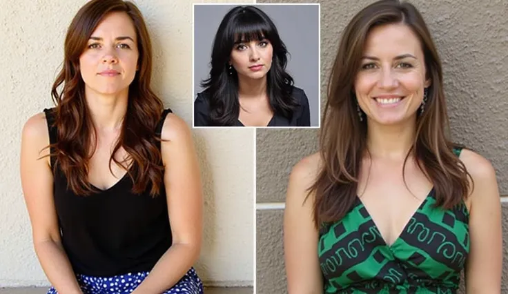 Image is a collage featuring three photographs. On the left, a woman with long brown hair, fair skin, and a confident expression is wearing a sleeveless black top and a patterned blue skirt, sitting against a textured wall. In the center, a smaller inset p...