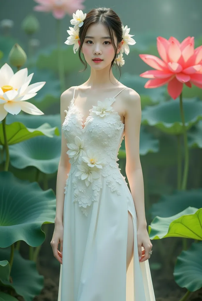 a woman in an elegant white long dress, decorated with floral motifs. She is standing in a serene environment surrounded by flowers large lotus flowers of various colors, consisting of white and red, along with voluminous wide green leaves. The background ...