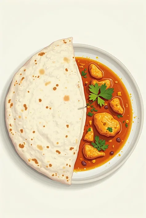 Schematic plate showing a white roti with chicken curry Kerala breakfast the photo should be in illustration